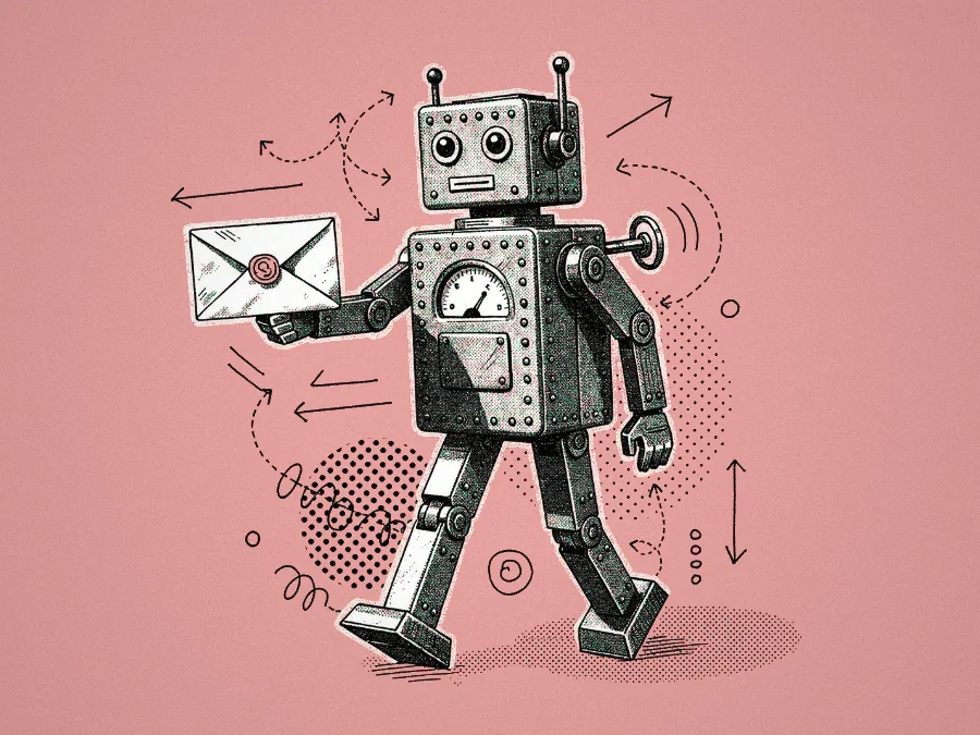 A halftone illustration of a friendly retro robot delivering a letter, surrounded by hand-drawn arrows and squiggles.